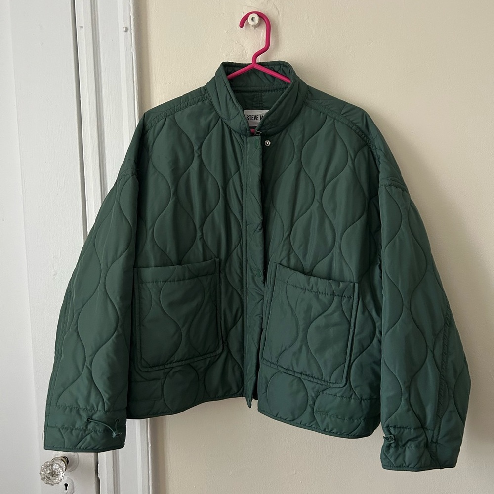Teal Green Cropped Oversized Quilted Light Jacket